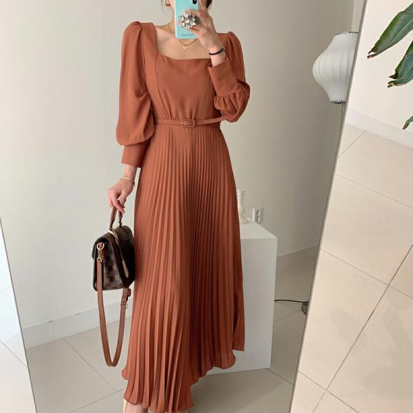 ワンピース パフスリーブ ロング プリーツ レディース 同色ベルト付き スカート シフォン マキシ丈...