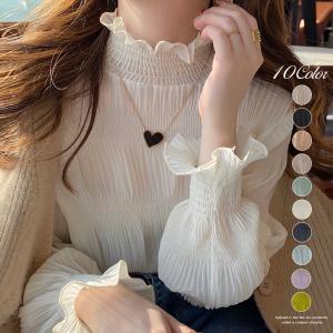 シャツ ブラウス フリル ハイネック シフォン シアー トップス