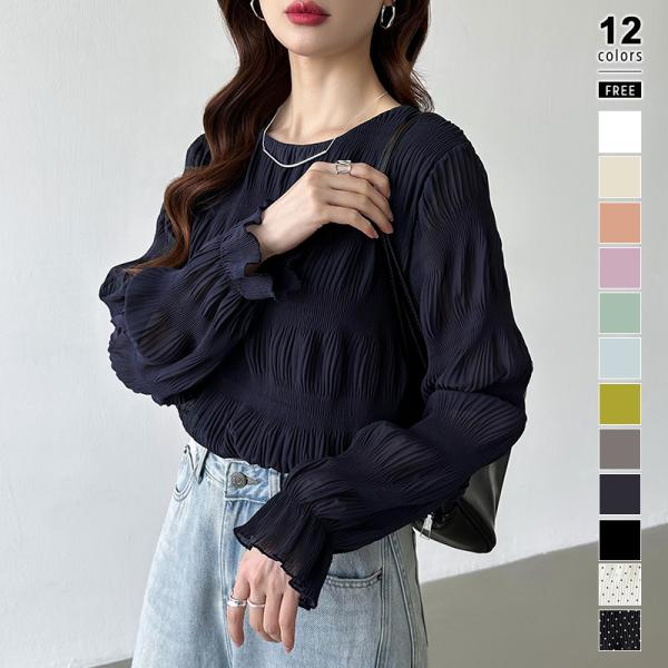 選べる全5色 透け感シャーリングブラウス シフォンブラウス ブラウス フリル ラウンドネック シャー...