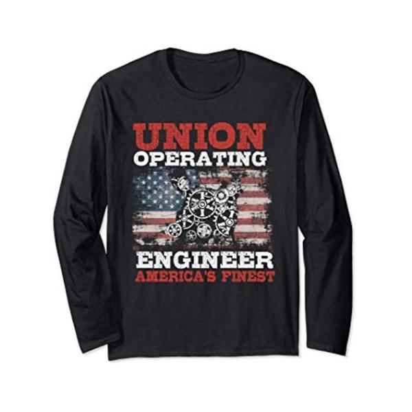 オペレーティングエンジニアギフト愛国心が強いアメリカ国旗最高級 長袖Tシャツ