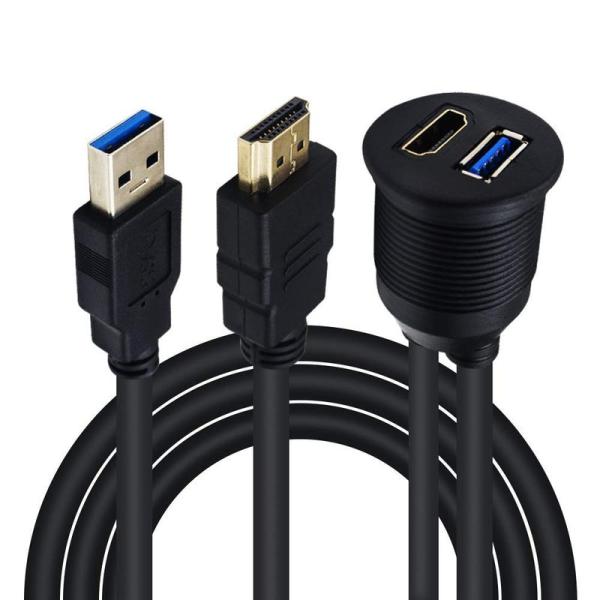 Duttek HDMI&amp;USB3.0 延長パネル防水ケーブル車用 USB 3.0 &amp; HDMIオス ...