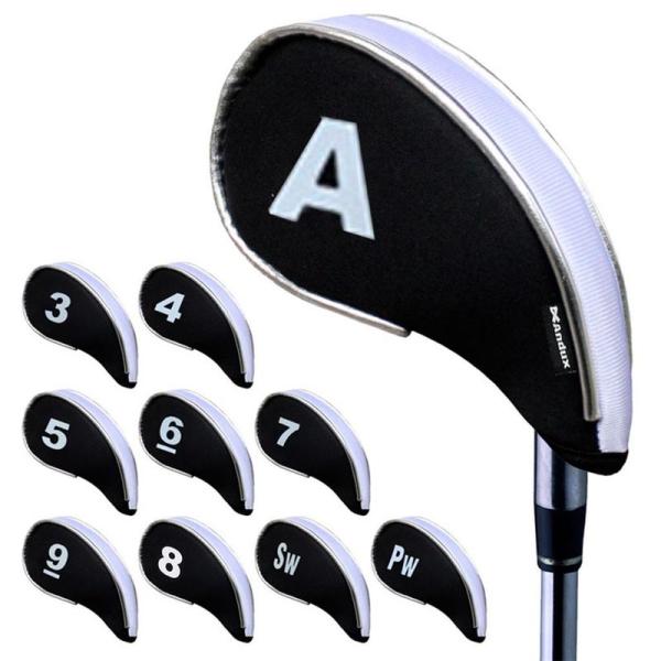 Andux ゴルフ アイアン ヘッドカバー ファスナー付き 10個/セット ホワイト/ブラック