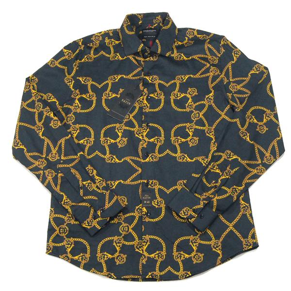 DENIM&amp;FLOWER【サテン地★アンティーク感あるGOLDチェーンの総柄】長袖 シャツ【ブラック...