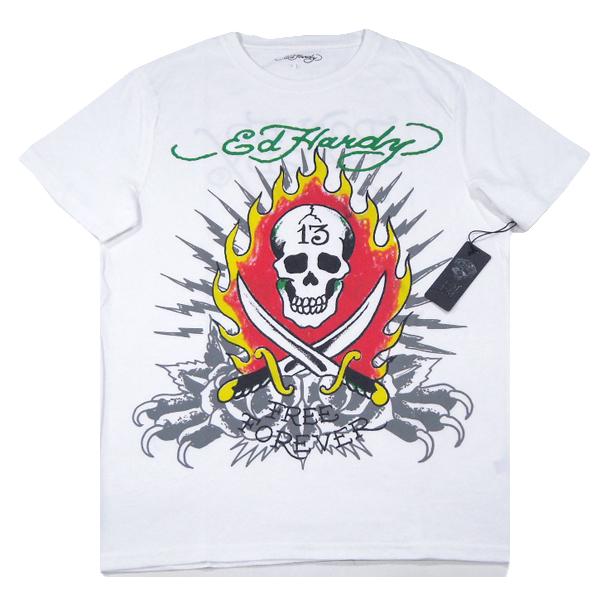 Ed Hardy【海外限定★アイコニックなスカル&amp;フレイム★バックプリントあり】半袖 Tシャツ【ホワ...