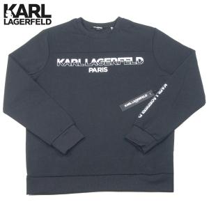 KARL LAGERFELD【海外限定★モード感ある白黒ロゴ★変則的な袖プリント】クルーネック スウェット【ブラック 黒】新品 カールラガーフェルド メンズ トレーナー｜slyder