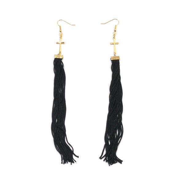 LANDUP【プレゼントにも最適!】クロスひもピアス【ブラック×ゴールド】ランダップ フリンジ ピア...