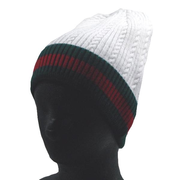 NO BRAND【新色★某ハイブランドを連想させる緑赤ライン】ケーブル編み ニットキャップ【ホワイト...