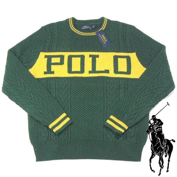 Ralph Lauren【厚手★4種の編みのアランセーター】POLO 綿ニット【グリーン/イエロー】...