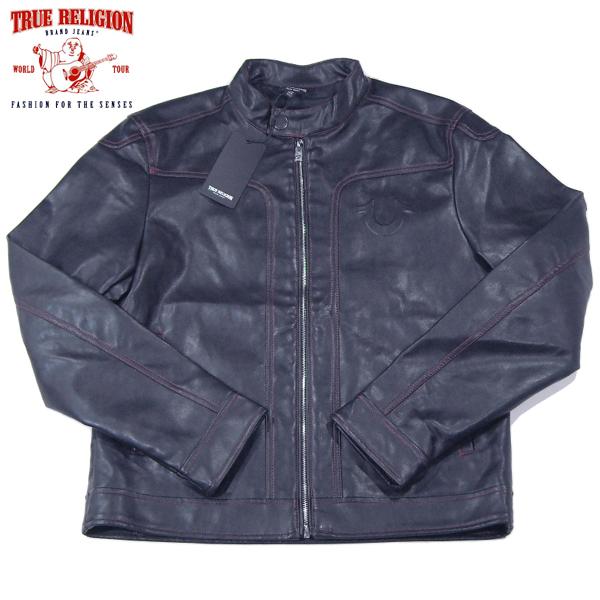 TRUE RELIGION【海外限定★バックもエンボスのビッグロゴ】フェイクレザー ライダースジャケ...