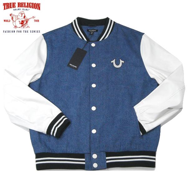 TRUE RELIGION【海外限定★バックは4連のブッダロゴ】デニム スタジアム ジャケット【ネイ...