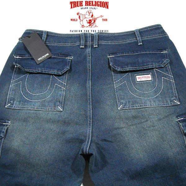TRUE RELIGION【海外限定★浅い股上★白の馬蹄ステッチ】デニム カーゴパンツ【ネイビー 紺...