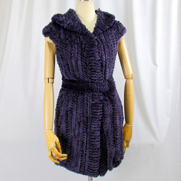 毛皮/レッキス/リアルファー/ニッティング　レッキスラビット　フード付　ロングベスト　 レディース