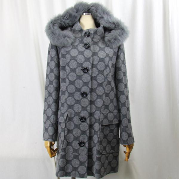 毛皮/フォックス　リアルファー　ウール 毛（１００％）　フード　フォックストリミング　コート　レディ...