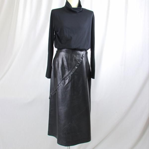 ラム/羊革/ロングスカート/本革/Ａライン/フリル/リアルレザー ロングフレアースカート　ラムスカー...