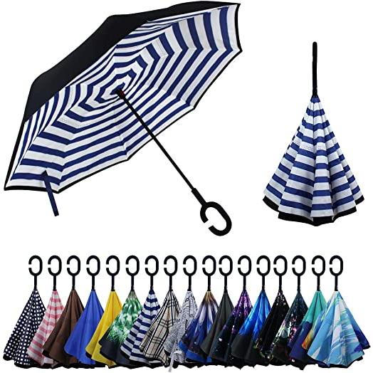 即納 逆さ傘 折りたたみ 傘 長傘 ストライプ 丈夫 撥水 耐風 熱中症対策 遮光 遮熱 自立可能 ...