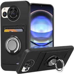 即納 AQUOS R8 / R8Pro スマホケース ブラック リング付き カード収納 シリコン ス...