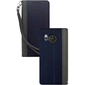 即納 AQUOS R8 / R8Pro スマホケース 手帳型 ネイビー/グレー カード収納 ストラッ...