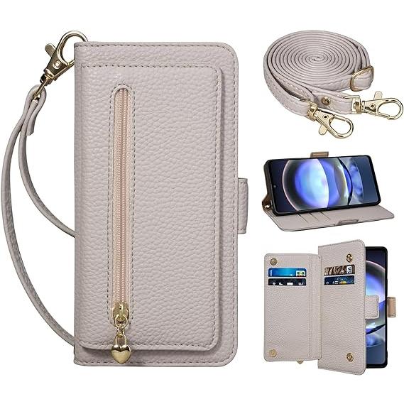即納 AQUOS R8 / R8Pro スマホケース 手帳型 ベージュ ショルダー カード収納 ジッ...