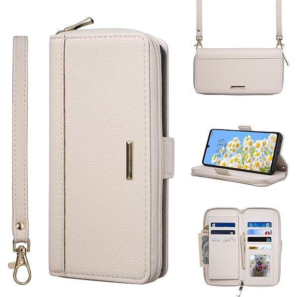 即納 AQUOS R8 / R8Pro スマホケース 手帳型 ベージュ ショルダー カード収納 ジッ...