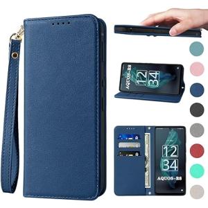 即納 AQUOS R8 / R8Pro スマホケース 手帳型 ブルー カード収納 ストラップ付き ス...