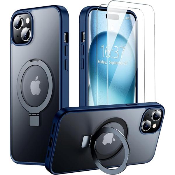 iPhone15シリーズ MagSafe 強化ガラス プロテクター スタンド ブルー 15/15Pr...