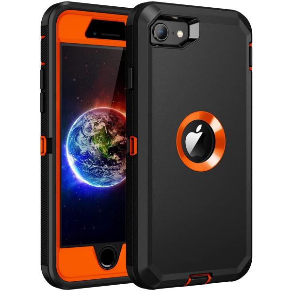 iPhone SE3/SE2/8/7 対応 2022 ケース ブラック/オレンジ 3レイヤー ラギッ...