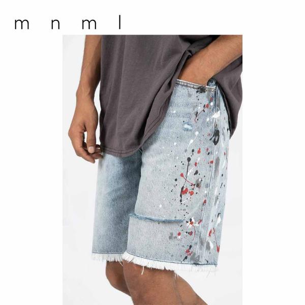 即納 mnml ミニマル R466 DENIM SHORTS ブルー ペイント ショートパンツ ハー...
