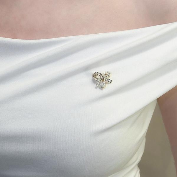 リボンデザインブローチ キラキララインストーン パール ハートデザインラインストーン ファッション ...