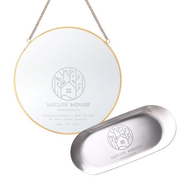 名入れ 開業祝い、開院祝いのプレゼントに どっちもロゴ入り キャッシュトレイ＆まるいミラーセット ロ...