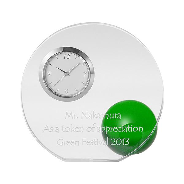 名前入りクリスタル時計 ラウンド＆ボールクロック グリーン 創立記念や卒業記念に誕生日 結婚祝い 記...