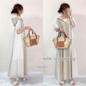 ワンピース半袖 夏物レディース ロングワンピース プリーツ 切り替え aライン vネック 無地 フード付き フレア 揺れる ワンピース40代30代50代