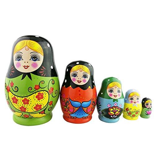 ミニ　グリーン　女の子　花パターン　マトリョーシカ　マトリョーシカ人形　手業　手塗り　木製品 　5個...