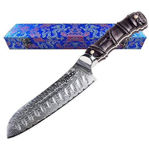 Utaki 三徳包丁 包丁 ダマスカス 67層 V10 180mm オシャレな天然木の竹形になるのハ...