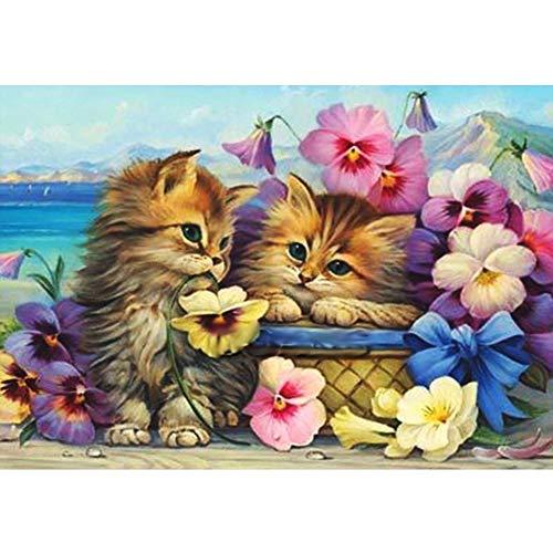 DIYクロスステッチキットダイヤモンド絵画5D塗装キット、素敵な猫の子猫の花WOWDECORフルドリ...