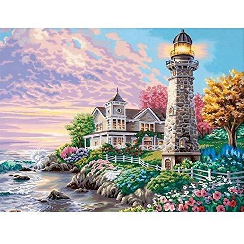 DIYクロスステッチキットダイヤモンド絵画5D塗装キット、ハウス灯台海辺の空の花WOWDECORフル...