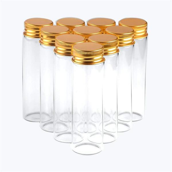 透明なガラス瓶にはアルミ蓋が付いています。金色の螺旋状のアルミ蓋です。容量は50 ml-6個です。