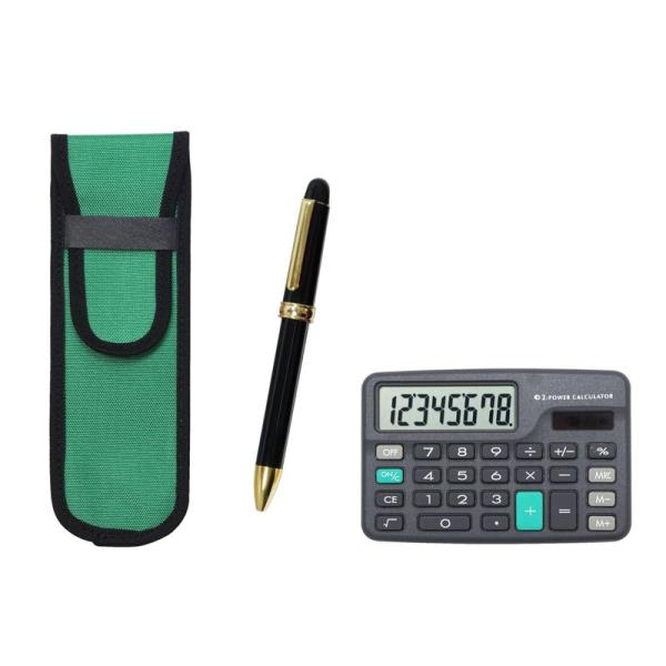 ミニ電卓付 布ペンケース緑 2色回転ボールペン2C600セット 黒 T23-D-NK02G-2C60...