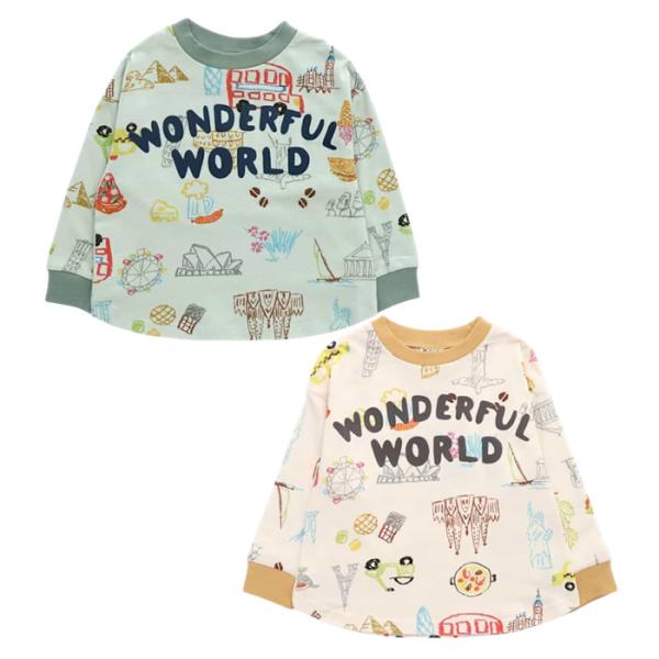 世界のパン柄＆都市柄 ロング Tシャツ 長袖 男の子 女の子 おしゃれ トップス 80 90 100...