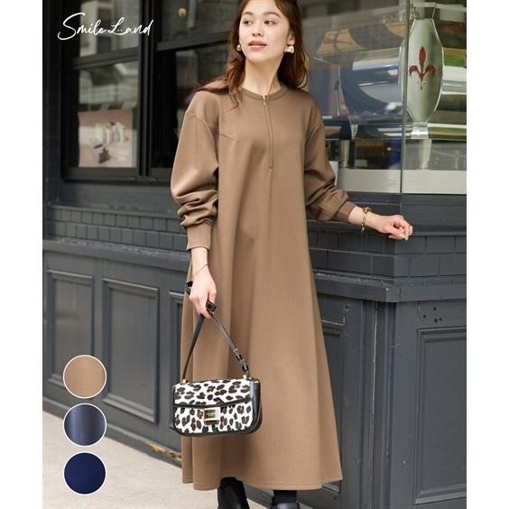 大きいサイズ レディース ワンピース  ダンボールニットハーフジップワンピース