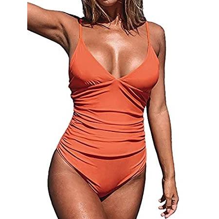 CUPSHE Women&apos;s V Neck Shirring Swimsuit,Orange, L