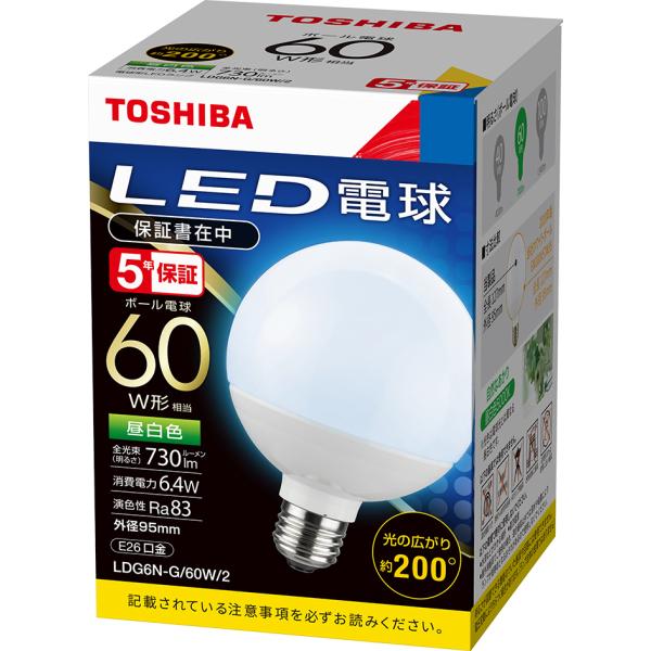 LED電球 E26口金 ボール電球60W形相当 昼白色 東芝ライテック LDG6N-G/60W/2 ...