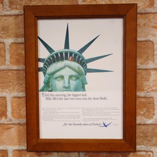 ユナイテッド航空 自由の女神 ミニポスター B5額縁付き 複製広告 ◆ 飛行機 旅客機 イラスト 5...