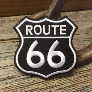 送料無料 ルート66 シールド ロゴ ミニワッペン ◆ ROUTE66 アメリカ旧国道 標識型 アイロン接着 パッチ 黒地 CAWP130｜smilemaker2525