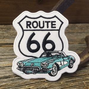 ROUTE66 ロゴ ＆ コルベット ワッペン ◆ ROUTE66 アメリカ旧国道 アイロン接着 パッチ Corvette 青系 CAWP131｜smilemaker2525