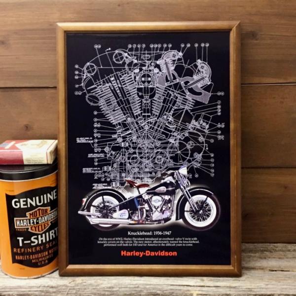 ハーレー ナックルヘッド アートポスター B4 木製額 セット ◆ バイク イラスト Harley ...
