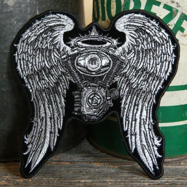 バイクエンジン＆ 羽 刺繍 ワッペン ◆ エンジェル ウィング 天使HLPA5190