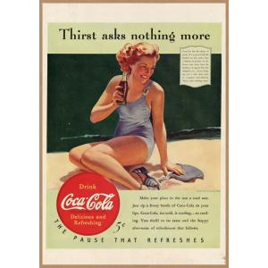 Coca-Cola ビーチ レトロミニポスター B5サイズ 複製広告 ◆ コカコーラ 水着女性 イラ...