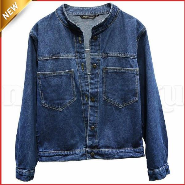 デニムジャケット レディース Gジャン 長袖 立ち襟 ノーカラー デニムコート ショート丈 カジュア...