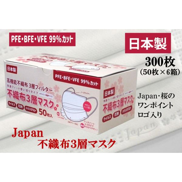 300枚「Japan 桜」不織布 日本製 マスク ワンポイント ロゴ入り 可愛い 立体 プリーツ 呼...