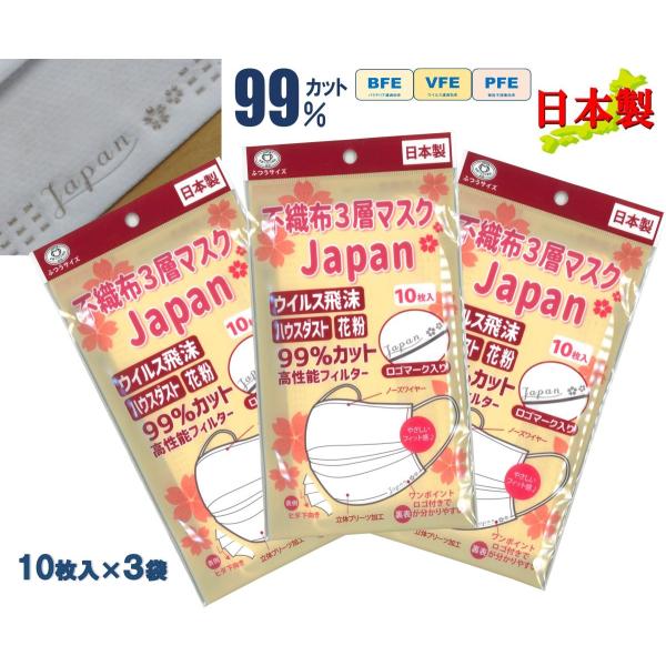 「Japan・桜」不織布 日本製  10枚入×3袋セット マスク ワンポイント ロゴ入り 可愛い 肌...
